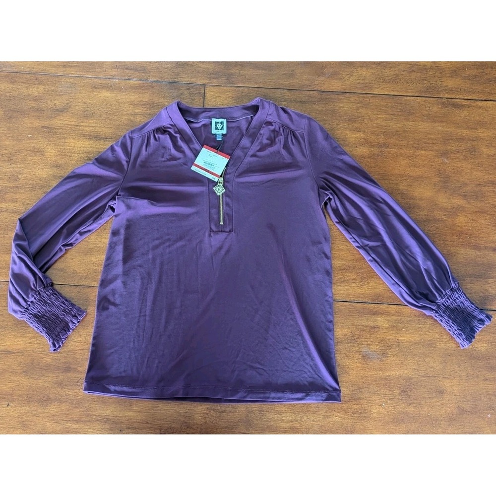 Anne Klein Deep Plum Long Sleeve Career Blouse XS NWT V-Neck Stretch Zip Purple